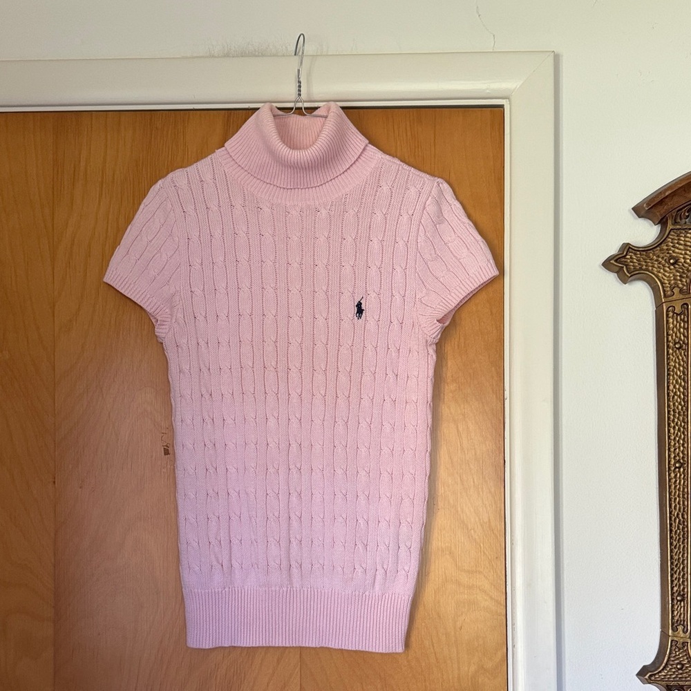 Ralph Lauren Pink Cable-Knit Short-Sleeve Turtleneck Sweater